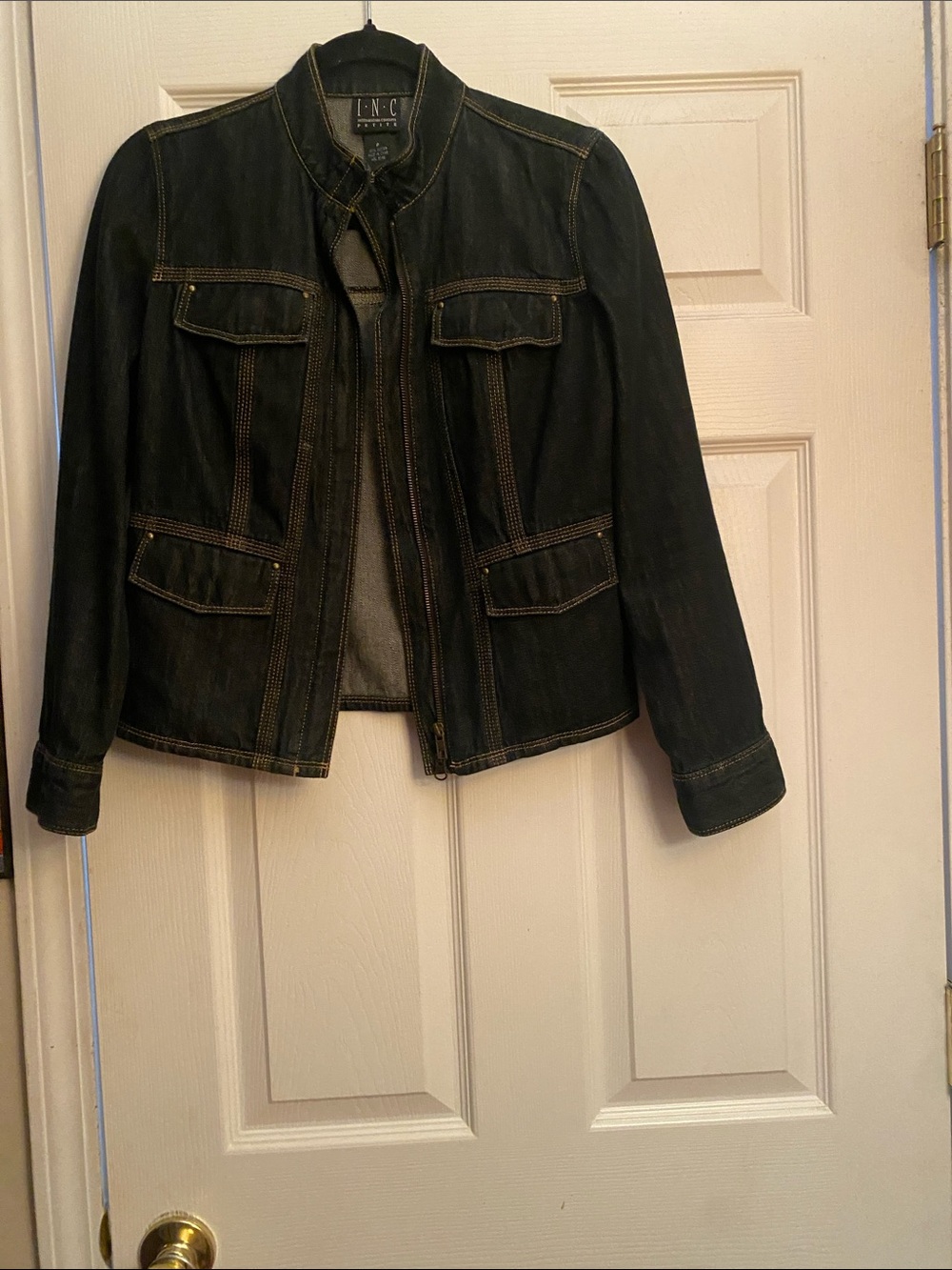 INC International Concepts Dark Black Denim Jacket with Contrast Stitching